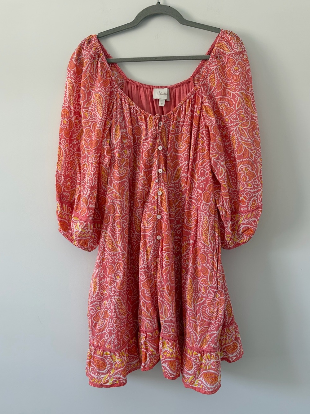 Cleobella Grace Puffed Sleeve Pink Orange Blossom Block Boho Mini Dress M